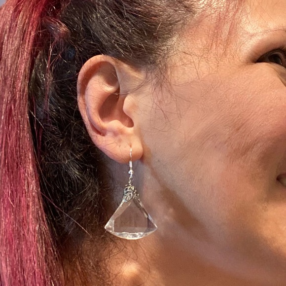 Hand Crafted Earrings Chandelier Clear Acrylic Diamond Dangle Long Pierced - Picture 4 of 7